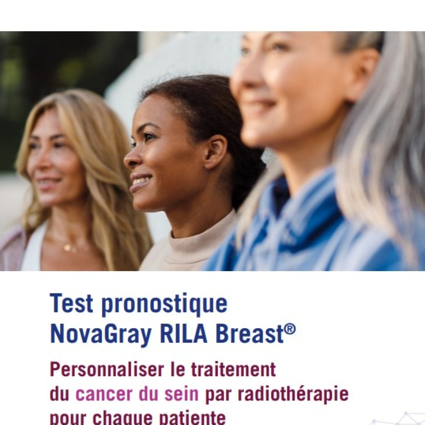 Trois personnes illustrant la diversité, accompagnées du message promotionnel sur le test NovaGray RILA Breast® pour la personnalisation du traitement du cancer du sein par radiothérapie.