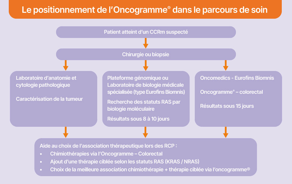 Schéma du positionnement de l’Oncogramme® dans le parcours de soin du cancer colorectal métastatique, incluant étapes de diagnostic et choix thérapeutique.